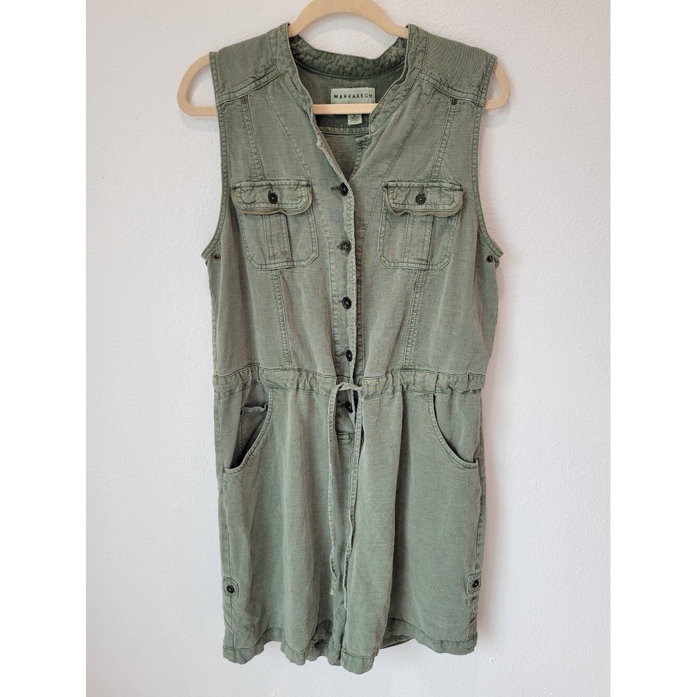 Marrakech Anthropologie Women L Green Linen Blend Utility Romper Drawstring - Picture 2 of 9